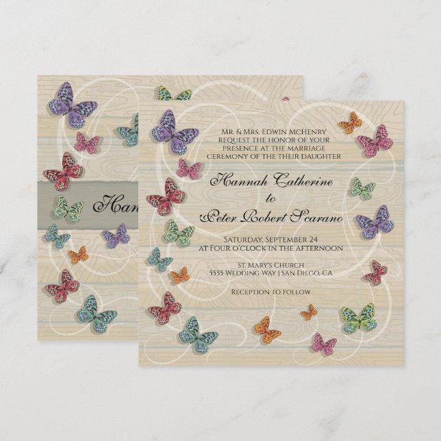 Beautiful Rustic Butterfly Wedding Invitation (Front/Back)