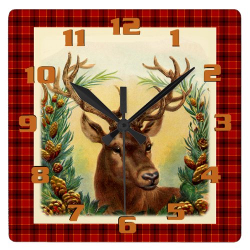 Beautiful Rustic Christmas Deer On Plaid Square Wall Clock