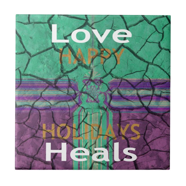 Beautiful rustic cracked mud love heals text art ceramic tile (Front)