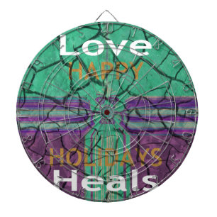Beautiful rustic cracked mud love heals text art dartboard with darts