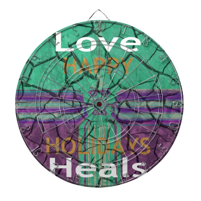 Beautiful rustic cracked mud love heals text art dartboard with darts (Front)