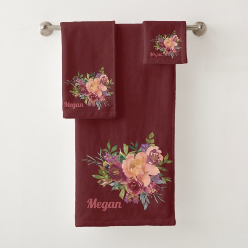 Beautiful Rustic Floral Bouquet Red Burgundy Bath Towel Set