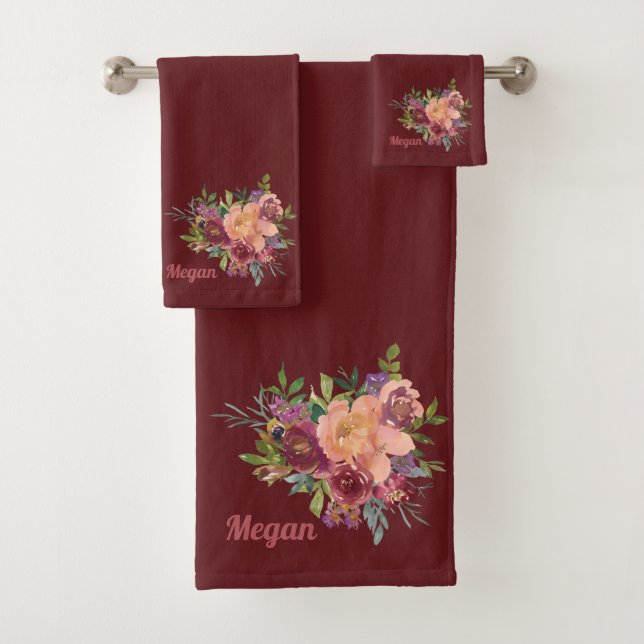 Beautiful Rustic Floral Bouquet Red Burgundy Bath Towel Set (Insitu)