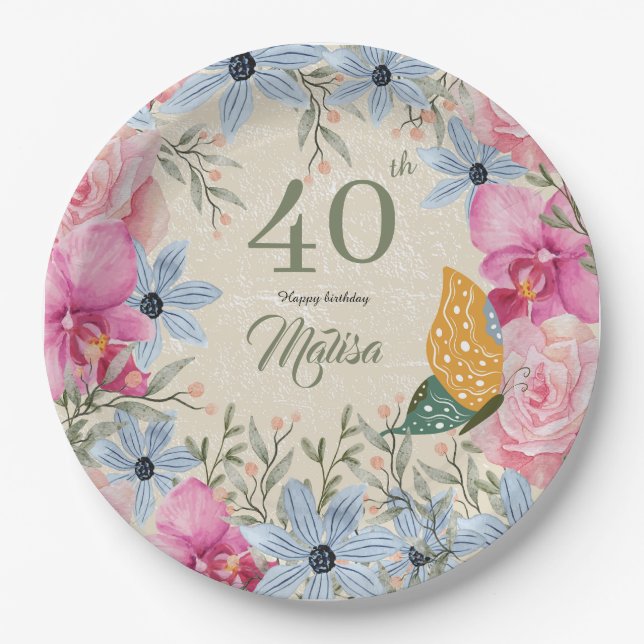 Beautiful rustic flowers 40th birthday Modern Paper Plates (Front)