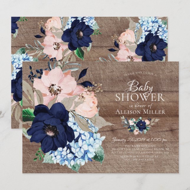 Beautiful Rustic Navy & Blush Floral Baby Shower Invitation (Front/Back)