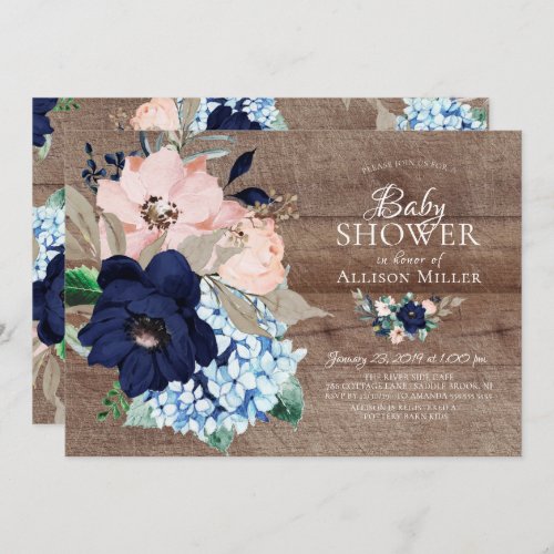 Beautiful Rustic Navy  Blush Floral Baby Shower Invitation