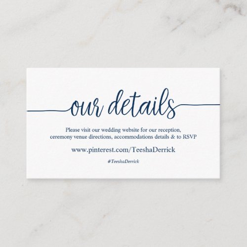 Beautiful rustic Navy Our Wedding Website Details Enclosure Card