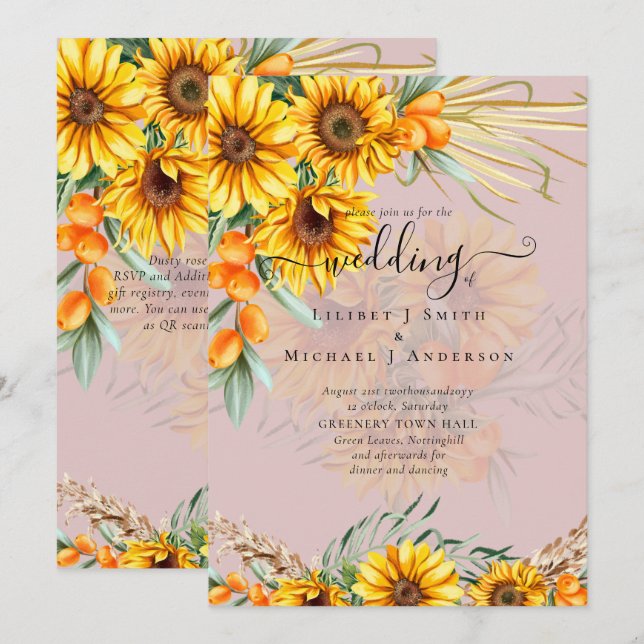 Beautiful Rustic Sunflowers Pampas Grass Wedding (Front/Back)