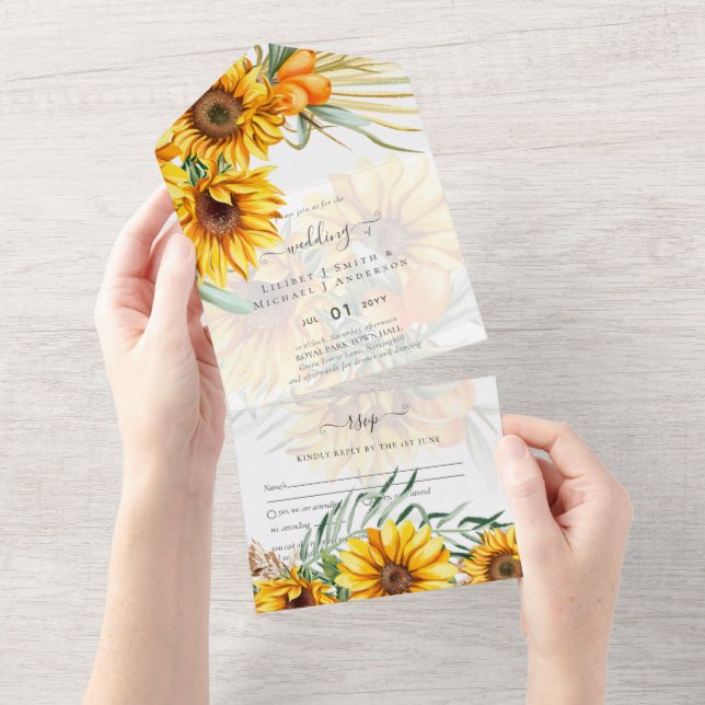 Beautiful Rustic Sunflowers Pampas Grass Wedding All In One Invitation (Tearaway)