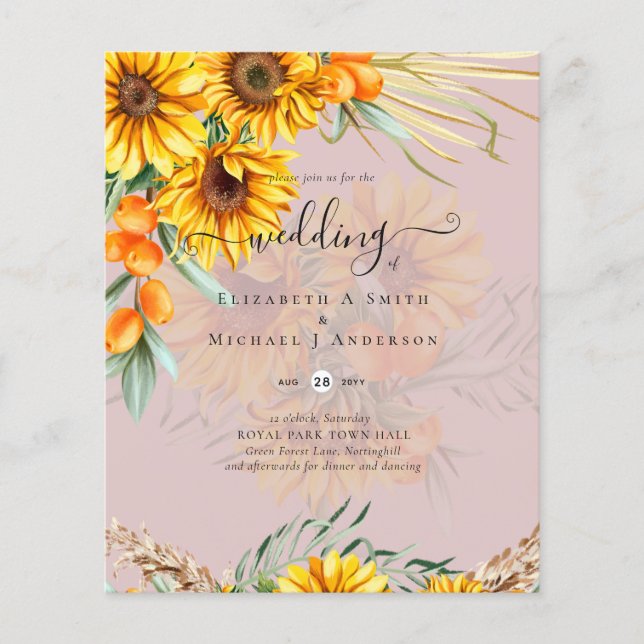 Beautiful Rustic Sunflowers Pampas Grass Wedding F Flyer (Front)