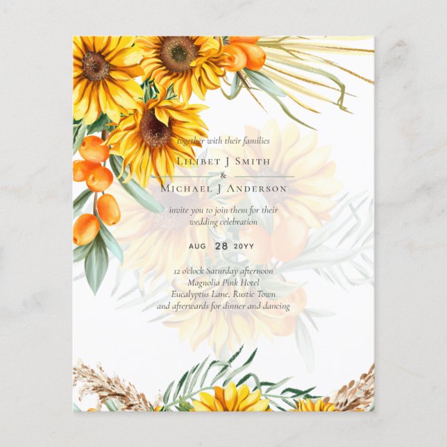 Beautiful Rustic Sunflowers Pampas Grass Wedding Flyer (Front)