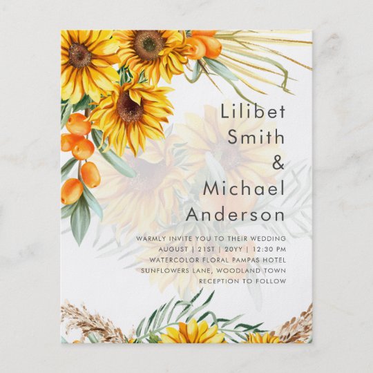 Beautiful Rustic Sunflowers Pampas Grass Wedding Flyer