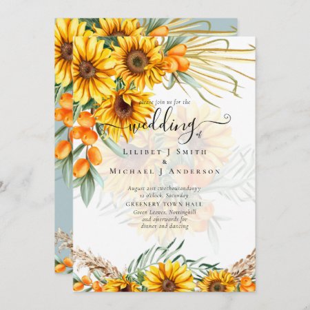 Beautiful Rustic Sunflowers Pampas Grass Wedding Invitation