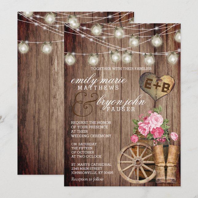 Beautiful Rustic Wood Barrel and Mauve Floral Invitation (Front/Back)