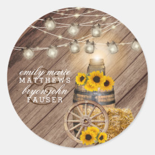 Beautiful Rustic Wood Barrel and Sunflowers Classic Round Sticker
