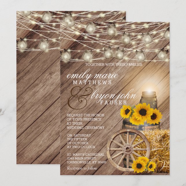 Beautiful Rustic Wood Barrel and Sunflowers Invitation (Front/Back)