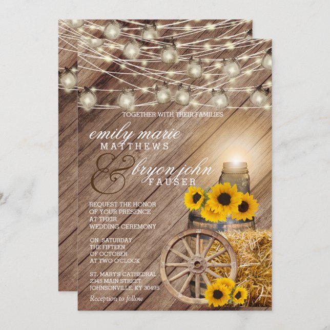 Beautiful Rustic Wood Barrel and Sunflowers Invitation (Front/Back)