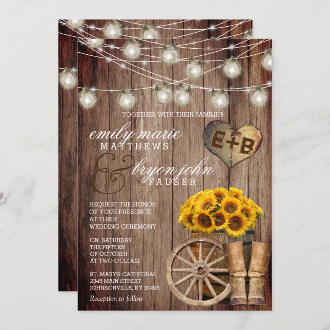 Beautiful Rustic Wood Barrel and Sunflowers Invitation (Front/Back)