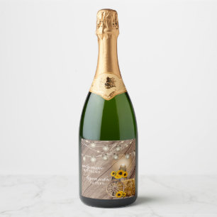 Beautiful Rustic Wood Barrel and Sunflowers Sparkling Wine Label