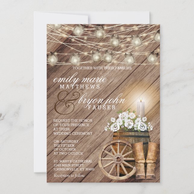 Beautiful Rustic Wood Barrel and White Floral Invitation (Front)