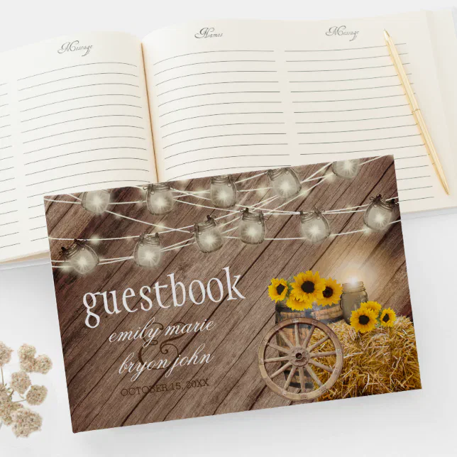Beautiful Rustic Wood Barrel with Sunflowers Guest Book Zazzle