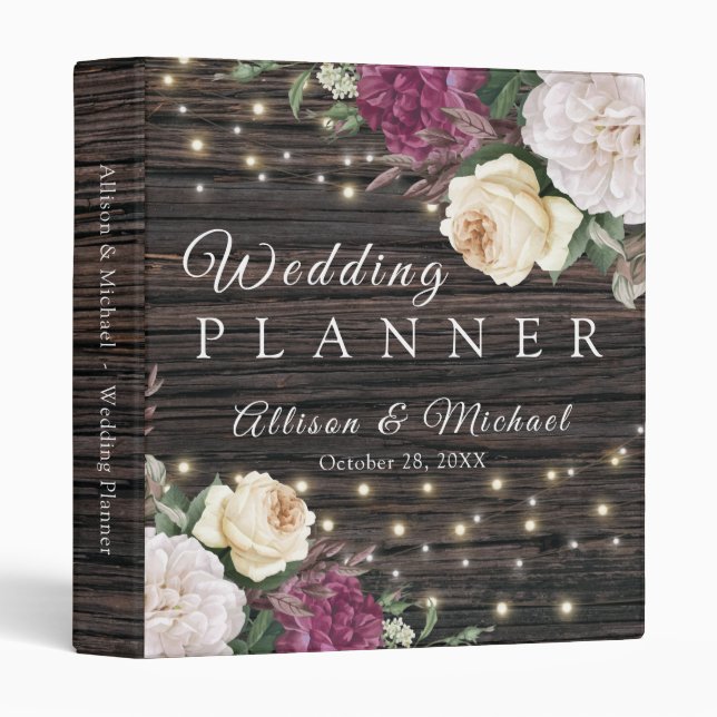 Beautiful Rustic wood Wedding Planner 3 Ring Binder (Front/Spine)