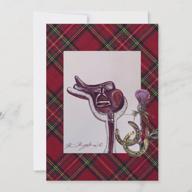 beautiful  saddle , plaid, thistle , horse shoes note card (Front)