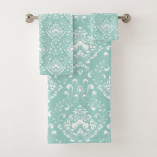 Beautiful sage green and white floral pattern bath towel set
