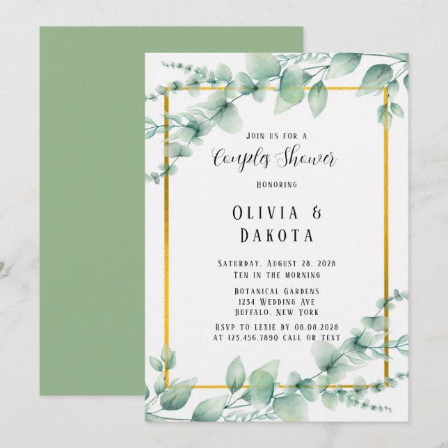 Beautiful Sage Green Greenery Gold Couples Shower Invitation (Front/Back)