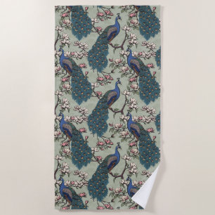 Beautiful Sage Green Peacocks and Magnolia Flowers Beach Towel
