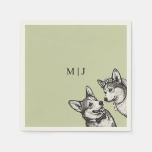 Beautiful Sage Green - Whimsical Corgi Wedding Napkins