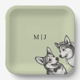 Beautiful Sage Green - Whimsical Corgi Wedding Paper Plates