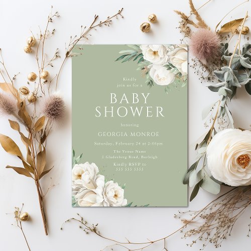 Beautiful Sage Green  White Floral Baby Shower Invitation