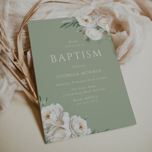 Beautiful Sage Green  White Floral Baptism Invitation
