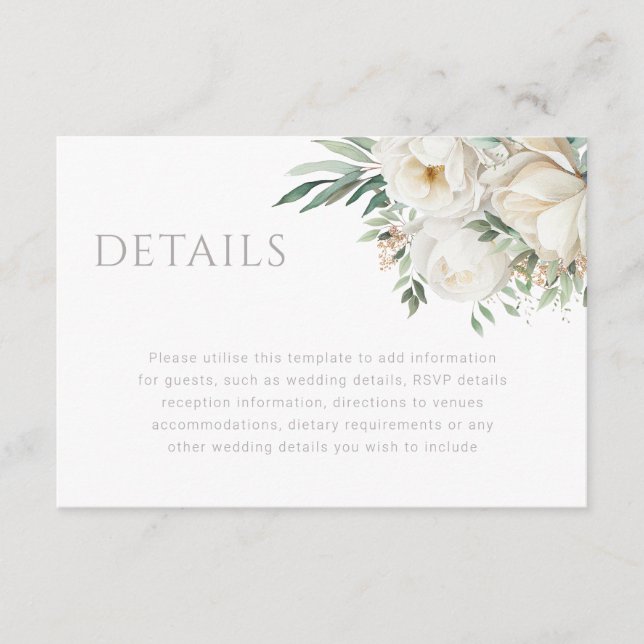 Beautiful Sage Leaf & White Flower Wedding Details Enclosure Card (Front)