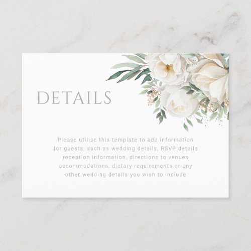 Beautiful Sage Leaf  White Flower Wedding Details Enclosure Card