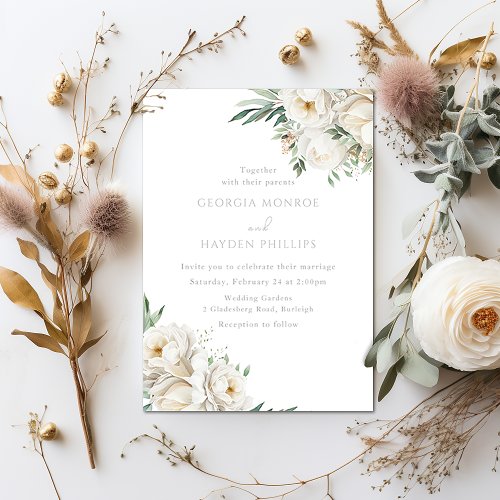 Beautiful Sage Leaf  White Flower Wedding Invitation