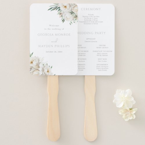 Beautiful Sage Leaf  White Flower Wedding Program Hand Fan