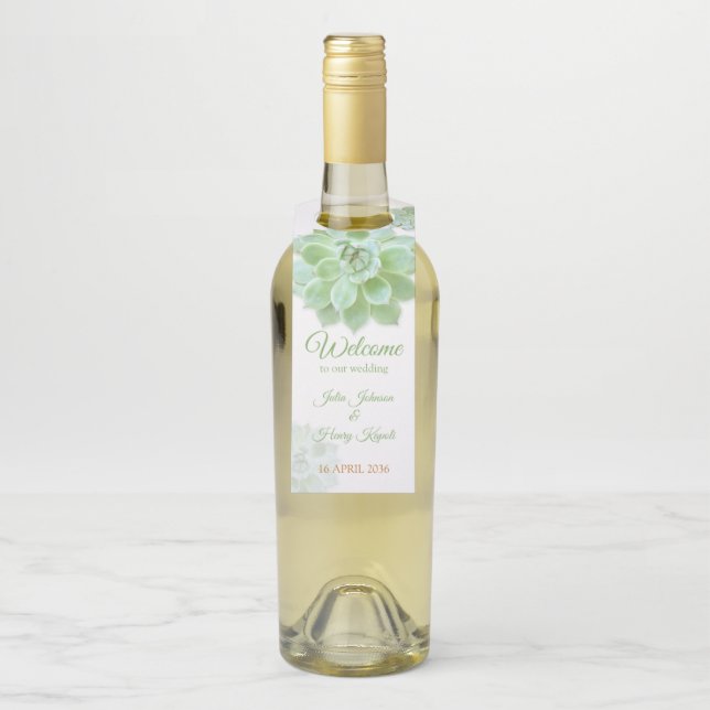 Beautiful Sage Succulent Wedding Bottle Hanger Tag (On Bottle)