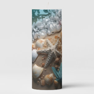 BEAUTIFUL SANDY BEACH WITH SEASHELLS & OCEAN PILLAR CANDLE
