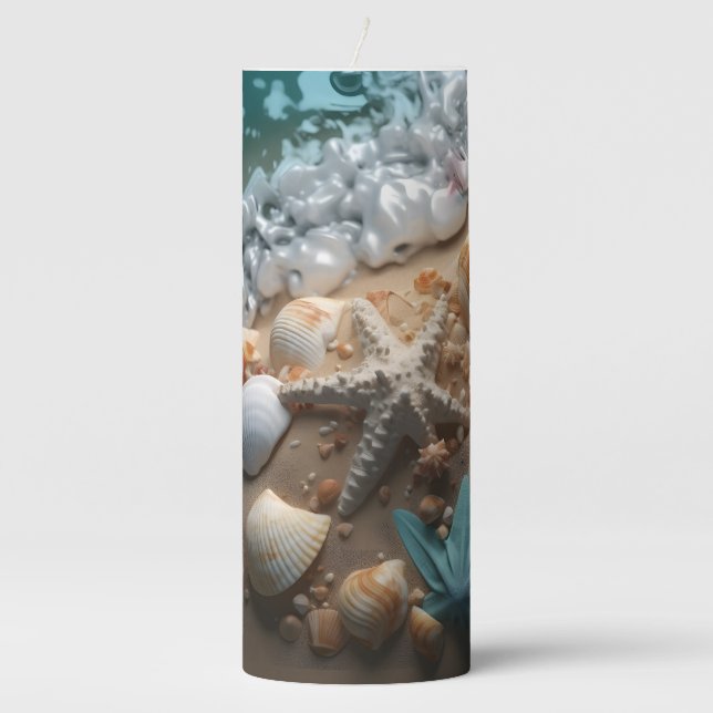 BEAUTIFUL SANDY BEACH WITH SEASHELLS & OCEAN PILLAR CANDLE (Front)
