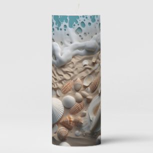 BEAUTIFUL SANDY BEACH WITH SEASHELLS & OCEAN PILLAR CANDLE