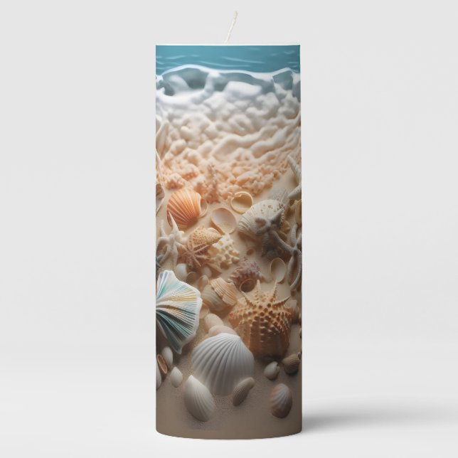 BEAUTIFUL SANDY BEACH WITH SEASHELLS & OCEAN PILLAR CANDLE (Front)