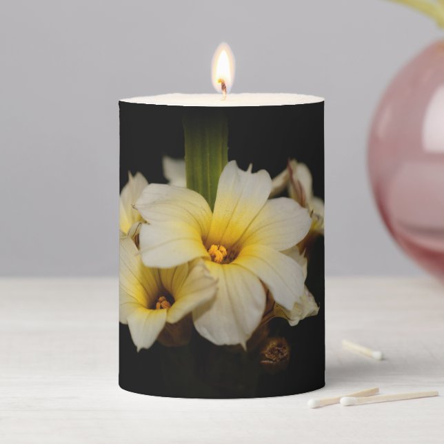 Beautiful Satin Flowers on Black Pillar Candle (In Situ)