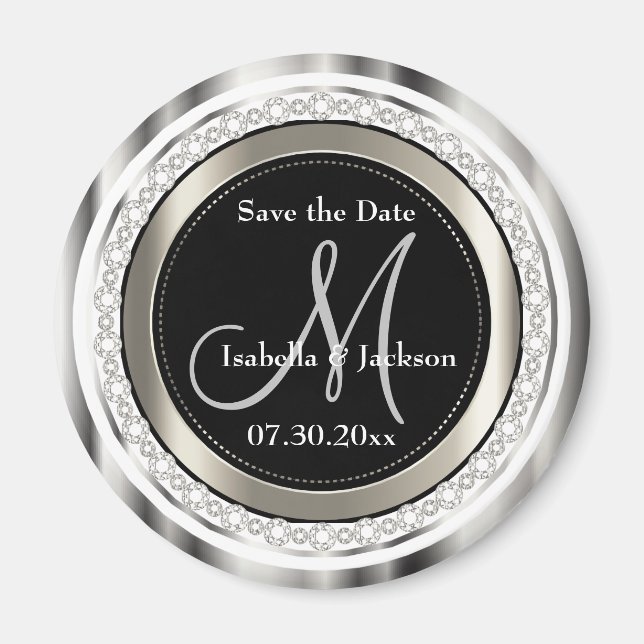Beautiful Save the Date in Silver & White Diamonds Magnet (Front)