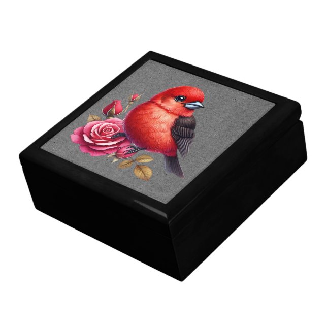 Beautiful Scarlet Tanager On Floral Rose Gift Box (Side)