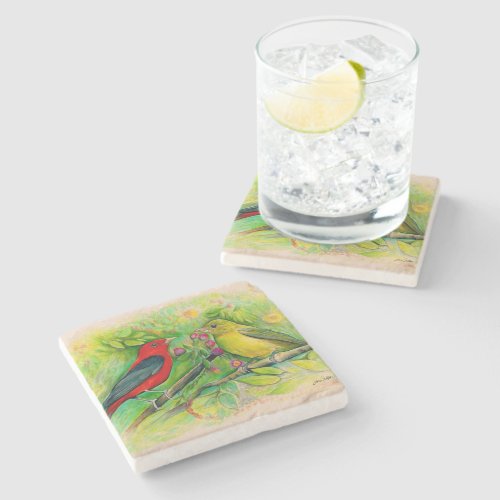 Beautiful Scarlet Tanagers Painting Stone Coaster
