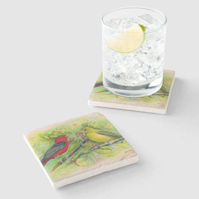 Beautiful Scarlet Tanagers Painting Stone Coaster (Side)