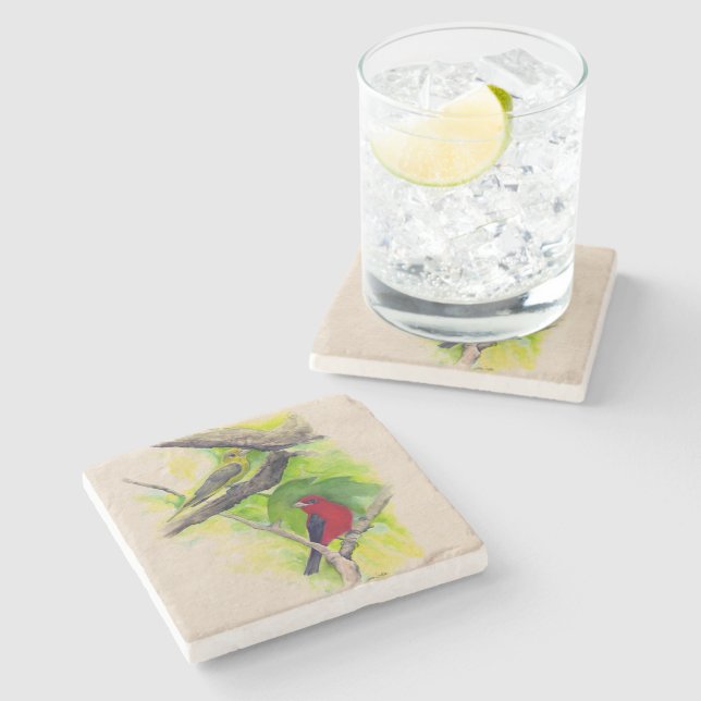 Beautiful Scarlet Tanagers Painting Stone Coaster (Side)
