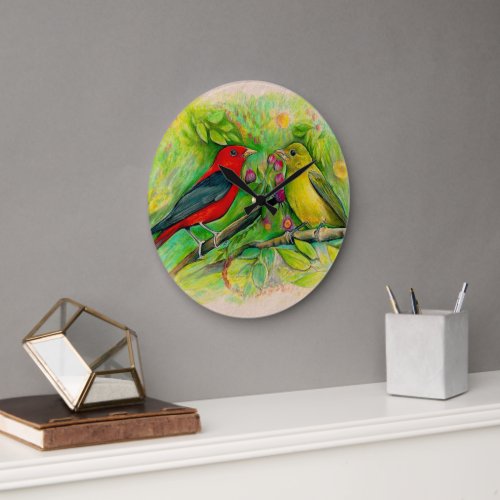 Beautiful Scarlet Tanagers Watercolor Art Large Clock